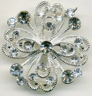 Brooch Silver/Crystal Flower, 30mm Diameter (3cm) (JBR17)