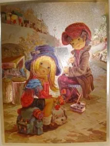 Foil Print - Boy and Girl Sketching, 140mm x 105mm ( 5 1/2" x 4 1/8") actual size of image/print (FP142308)