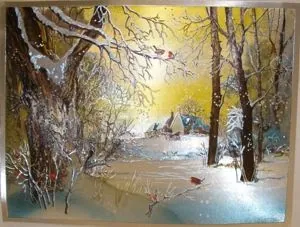 Foil Print - Robins In Winter, 140mm x 105mm ( 5 1/2" x 4 1/8") actual size of image/print (FP142114)