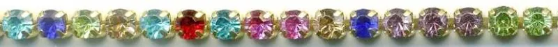 Rhinestone Chain Multi Coloured/Gold, 4mm Stone (RSC12)