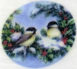 Silk Print Emu Two Birds on Holly Branch, 80mm x 60mm (SPE081)