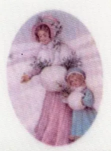 Silk Print Goose Two Ladies Snow Scene, 59mm x 40mm (SPG019)