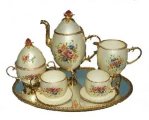 Tea Set: decorated ostrich egg design